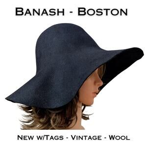 Banash Boston VTG Black Wide Brimmed Floppy Hat Wool Felt Luxury USA Retro NEW